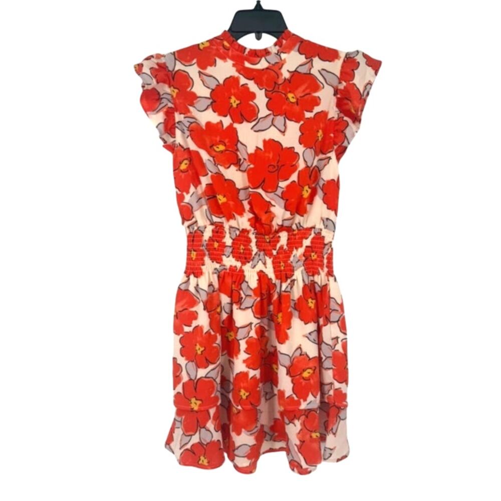 NWT THML Orange Fall Poppy Floral Smocked Mock Neck Mini Dress Sz XS(2)